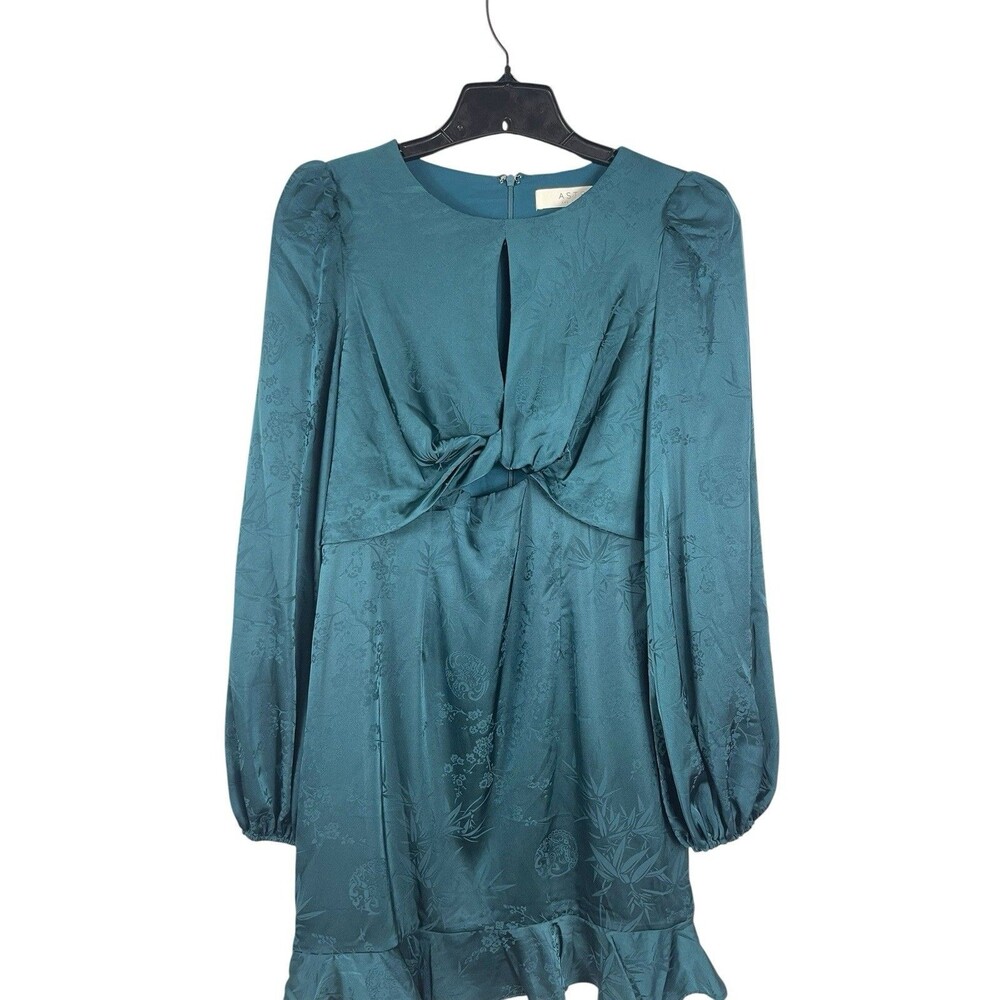 ASTR Teal Blue Satin Dress M Long Sleeve Keyholes M Puff Sleeves Twist Bust - Picture 2 of 13